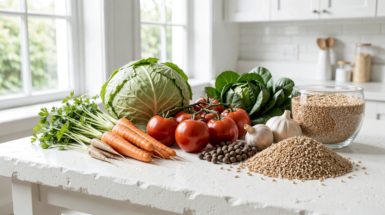 Tuoreita kasviksia valoisassa keittiössä